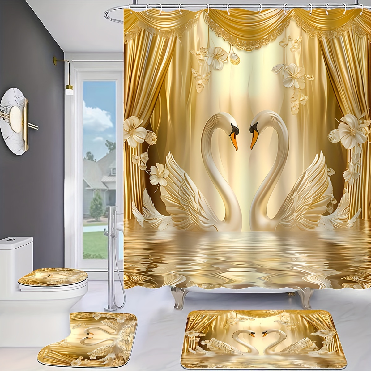 Bamboo Bath Mat - Romantisches Golden Swans Badezimmer-Set: Enthält 12