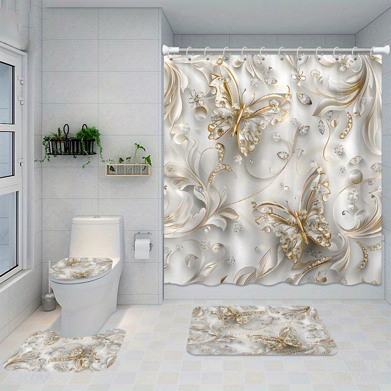 Bamboo Bath Mat - 4-teiliges elegantes Schmetterlings-Duschvorhang-Set mit 12 Haken,